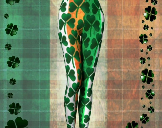 SHAMROCK CLOVER LEGGINGS For Wome Green White Orange Irish Flag Printed Green Clover Yoga Leggings Sexy Womens Leggings Lucky Irish Womens