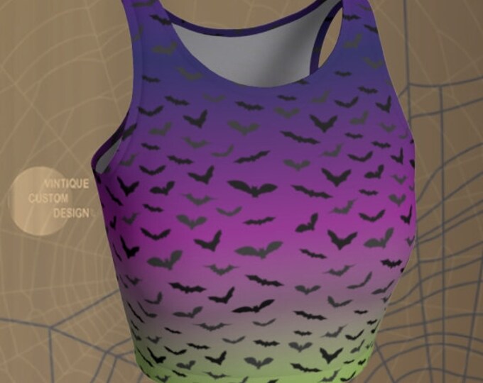 CROP TOP WOMENS Purple and Green Ombre Bat Print Cropped Top for Halloween Yoga Top Sexy Workout Top Work Out Clothing Bat Crop Top Womens