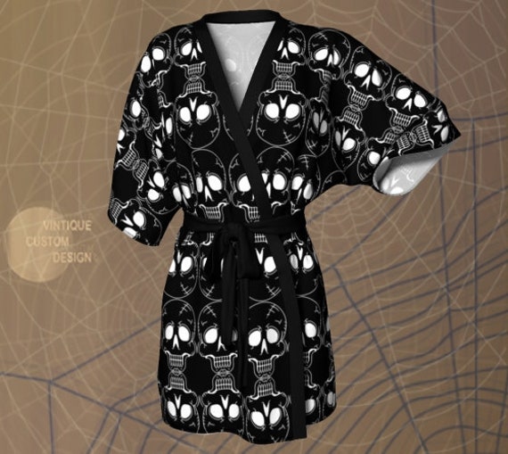 ladies skull dressing gown Kimono Robe: Black and White Skeleton Womens Robe communion dress