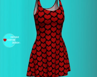 LOVE DRESS VALENTINES Day Dresses for Women Red and Black Heart Dress Heart Print Designer Fashion Dress in Bodycon and Fit and Flare Styles