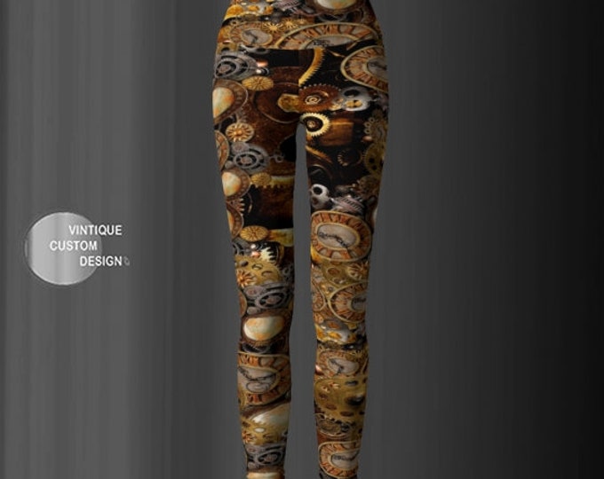 STEAMPUNK LEGGINGS Gears & Clocks Cyberpunk Yoga Leggings Womens Steampunk Leggings Steam Punk Clothing Futuristic Clothing Armor Leggings