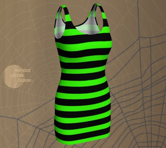 Green and Black Striped Witch Dress - Halloween Costume Bodycon