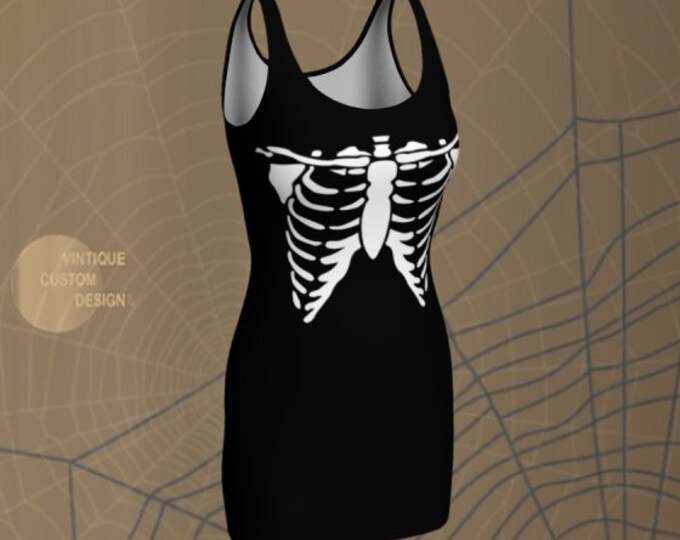 SKELETON DRESS HALLOWEEN Bodycon Dress Womens Halloween Costume Dress Flare Dress or Body-con Dress Black and White Skeleton Print Dress