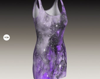 FESTIVAL DRESS WOMENS Galaxy Dress Celestial Cosmic Galactic Body-Con Dress Rave Dress For Women Purple and Grey Sexy Mini Dress Star Dress
