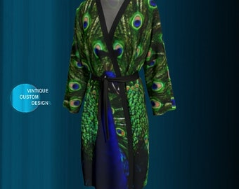 Peacock Feather Robe Long KIMONO ROBE Womens Kimono PEIGNOIR Robe for Women Animal Print Robe Sexy Gift for Wife Gift for Mom Gift for Her