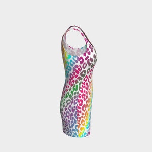 May include: A sleeveless dress with a rainbow leopard print pattern.