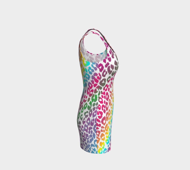 May include: A sleeveless dress with a rainbow leopard print pattern.