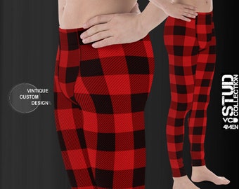 MENS LEGGINGS PLAID Red and Black Buffalo Check Plaid Yoga Pants for Men Christmas Leggings Mens Leggings Matching Leggings Daddy and Me