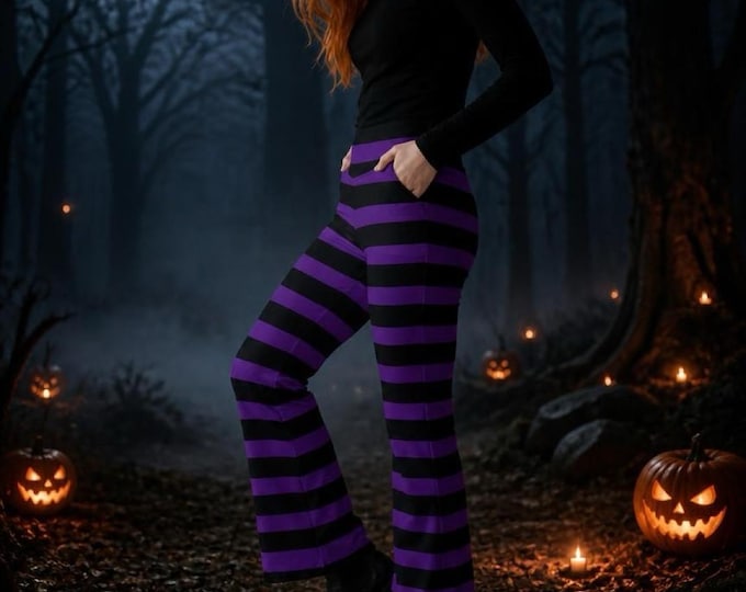 Halloween Purple Black Striped Flare Leggings: High Waist Yoga Pants, Plus Sizes