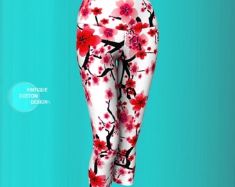 Cherry Blossom Capri Leggings: Floral Print Yoga Pants