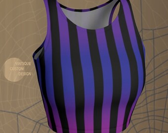 Womens Purple and Black Striped Crop Top: Halloween Witch Costume