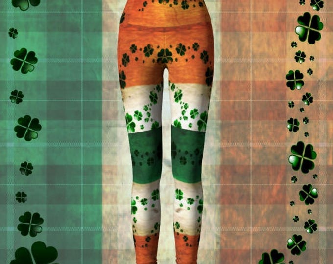 ST. PATRICK'S DAY Leggings for Women Yoga Pants Yoga Leggings Irish Flag and Shamrock Four Leaf Clover Printed Leggings Orange Green & White