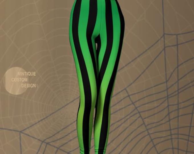 HALLOWEEN LEGGINGS Women's witchy halloween leggings green ombre fade color pattern with black vertical stripes halloween costume