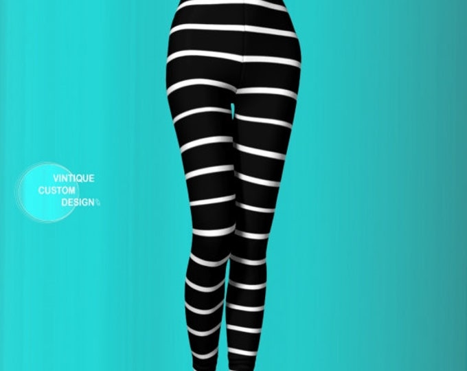 LEGGINGS WOMENS Black and White PINSTRIPED Leggings Yoga Leggings Women's Yoga Pants Designer Fashion Print Leggings Workout Clothing Pants