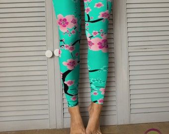 Cherry Blossom Yoga Leggings: Teal & Pink Floral Print