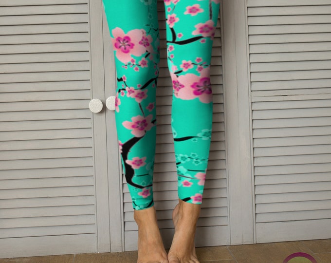 FLORAL SPRING LEGGINGS Cherry Blossom Pattern Teal / Pink Flower Printed Leggings for Women Yoga Leggings Womens Yoga Pants Floral Print