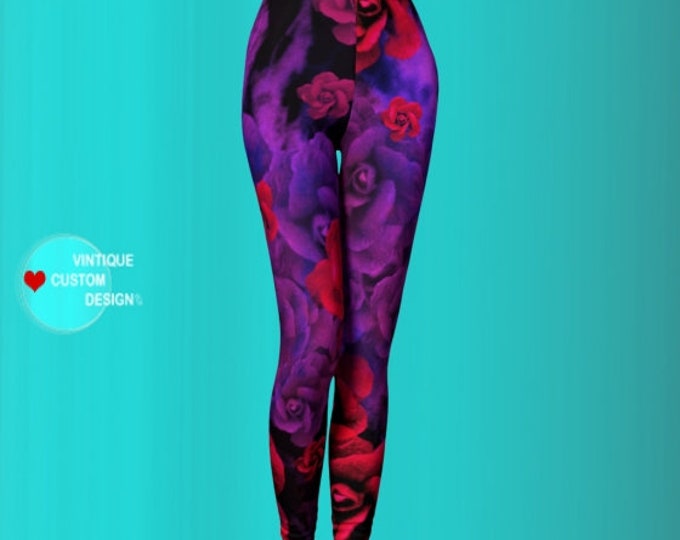 Purple and Red Rose LEGGINGS Sexy Print Leggings Sexy Yoga Pants Sexy Yoga Leggings Womens Sexy Leggings Art Leggings Floral Leggings Roses