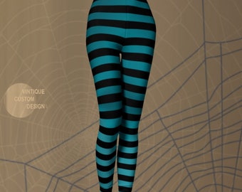 WITCH TIGHTS LEGGINGS Women's Halloween Leggings Blue and Black Striped Leggings Yoga Leggings Women's Yoga Pants Designer Fashion Leggings