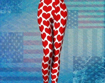 Red and White Leggings Women's HEART LEGGINGS Independence Day Patriotic Heart Leggings Sexy Yoga Pants Sexy Yoga Leggings Gifts for her