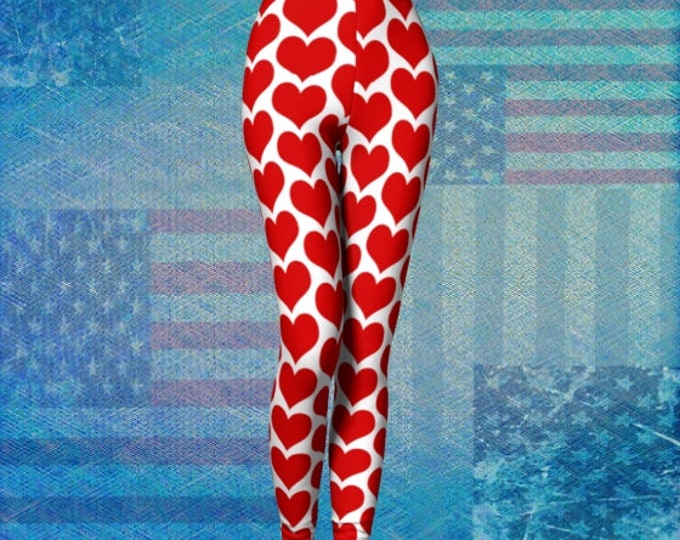Red and White Leggings Women's HEART LEGGINGS Independence Day Patriotic Heart Leggings Sexy Yoga Pants Sexy Yoga Leggings Gifts for her