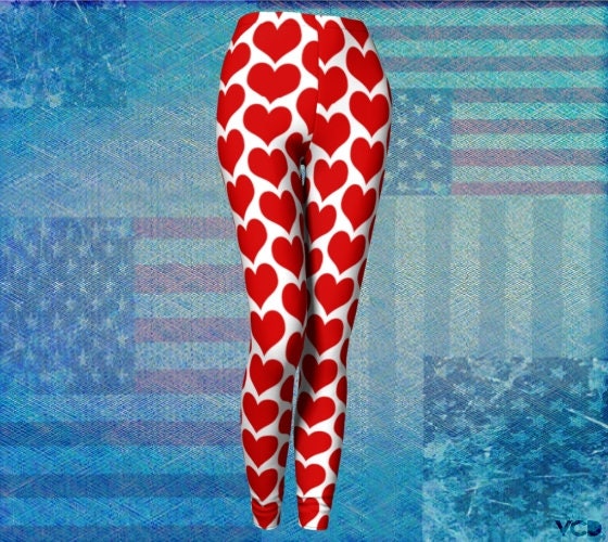 Red and White Leggings Women's HEART LEGGINGS Independence Day