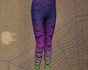 Kids Halloween Leggings: Purple Green Ombre Bat Tights