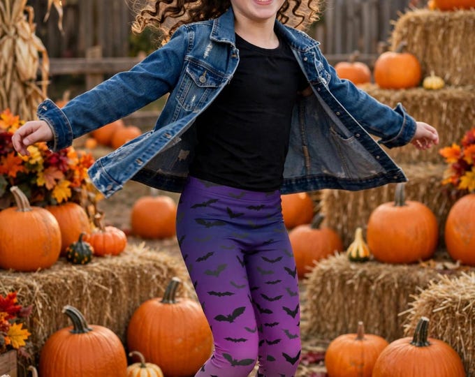 Kids Halloween Leggings: Purple Green Ombre Bat Tights