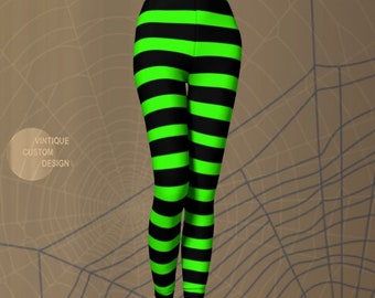 Womens Halloween Leggings: Green & Black Striped Witch Costume