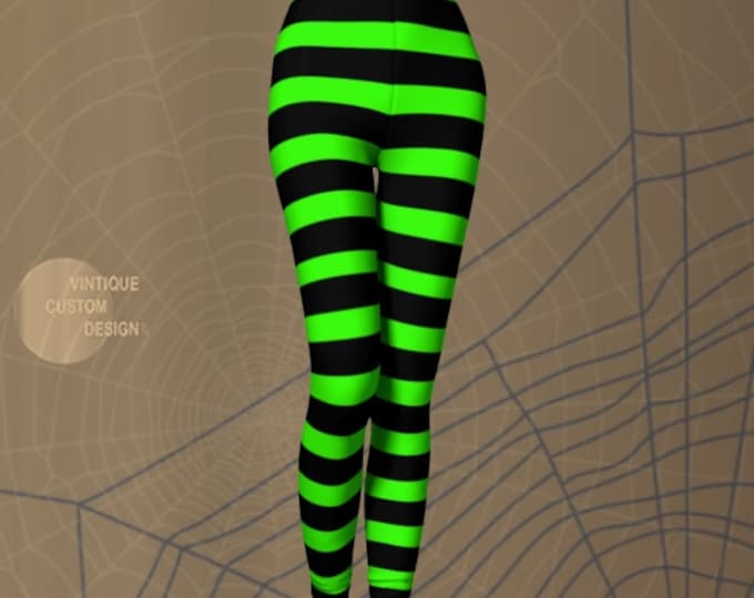 Witch LEGGINGS Halloween Tights WOMENS Witch Stockings Wicked Witch Costume Green Black Striped Leggings Printed Leggings Costume for Her