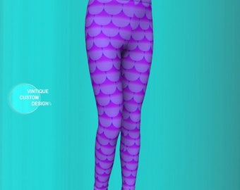 Girls Mermaid Leggings: Purple Fish Scale Print, Baby to Youth Sizes