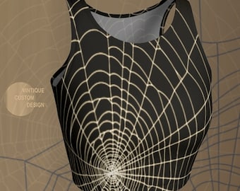 Spiderweb Crop Top: Halloween Bat Print - Eco-Friendly Athletic Wear