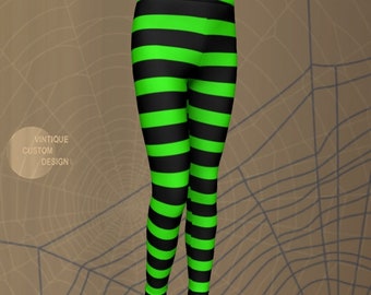 Girls Halloween Leggings: Green & Black Striped Witch Costume