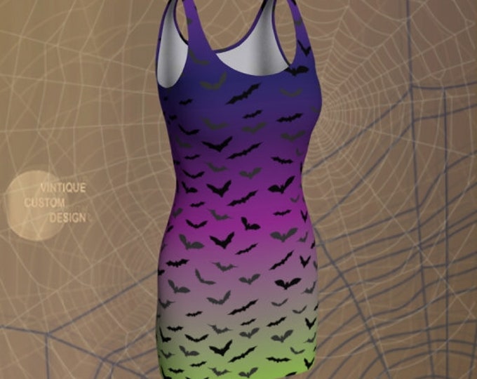 HALLOWEEN DRESS Green and Purple Bat Dress Women's Designer Fashion Dress Womens Body-con Dress Party Dress Fitted Dress Fit & Flare Dress