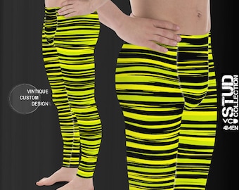 Black and Yellow STRIPED MEGGINGS Leggings for MEN Yellow and Black Yoga Pants Mens Yoga Leggings Joggers Work Out Pants Mens Tights