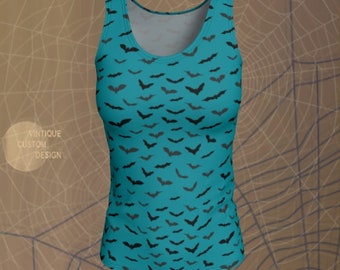 Teal Bat Print Tank Top: Halloween Women's Fitted Sleeveless Shirt
