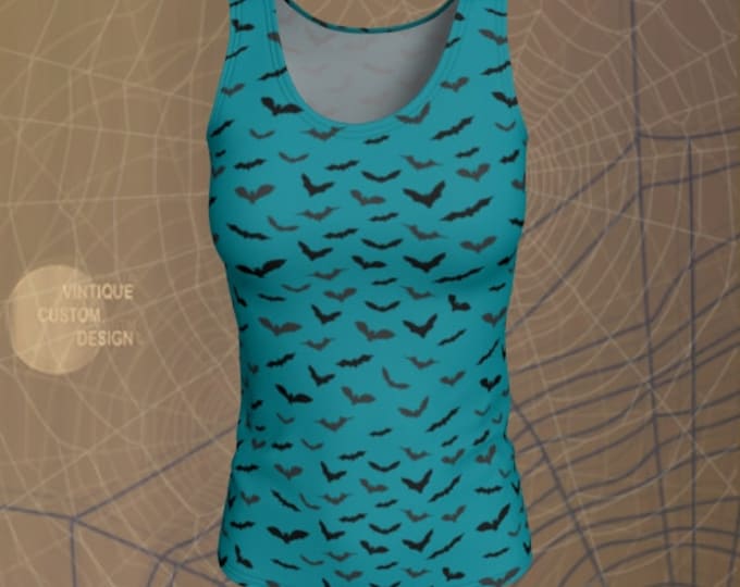 BAT Tank Top HALLOWEEN Shirt Womens Tank Top for Halloween Tank Top Teal and Black Bat Print Shirt Bat Top for Women Tank Tops Yoga Tank Top