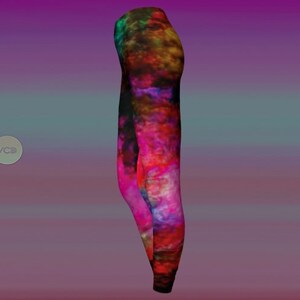 May include: Colorful leggings with a galaxy-like print in shades of pink, purple, blue, and green.