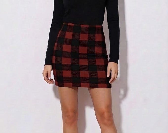 Buffalo Plaid High Waisted Skirt: Red and Black Check, Fitted or Flare