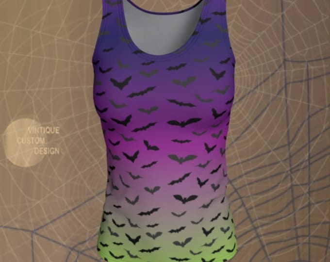 HALLOWEEN BAT TANK Top Purple & Green Ombre Print Tank Top Shirt Womens Tank Top Yoga Top Work Out Top Womens Halloween Bat Print Tank Top