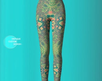 Mandala Yoga Leggings, Green Floral Sacred Geometry Design