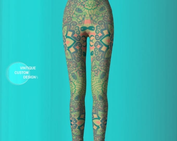 SPRING LEGGINGS Mandala Leggings Sacred Geometry Green Floral Lotus Flower Womens Leggings YOGA Pants Yoga Leggings Festival Yoga Leggings