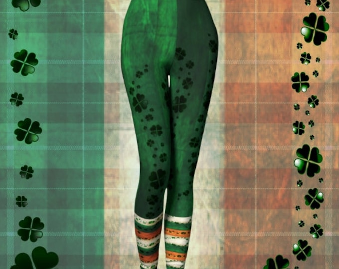 SHAMROCK Clover LEGGINGS Green Orange and White IRISH Flag Printed Yoga Leggings Womens Leggings Yoga Pants St. Patricks Day Leggings