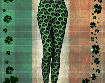 CLOVER LEGGINGS Womens Four Leaf Clover SHAMROCK Yoga Leggings Green and White Clover Printed Leggings Yoga Pants for Women St Patricks Day