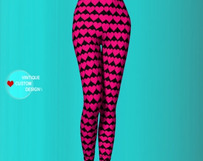 Hot Pink HEARTS VALENTINES Day LEGGINGS for Women Black and Pink Heart Printed Leggings Womens Yoga Pants Heart Leggings Yoga Leggings