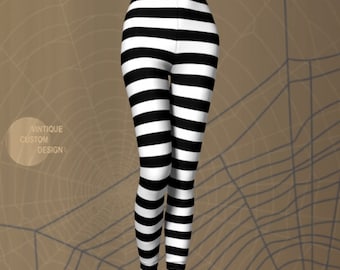 Halloween Leggings Jail Leggings Women's Prisoner Inmate LEGGINGS Halloween Costume Leggings Black White Striped Leggings Cosplay Leggings