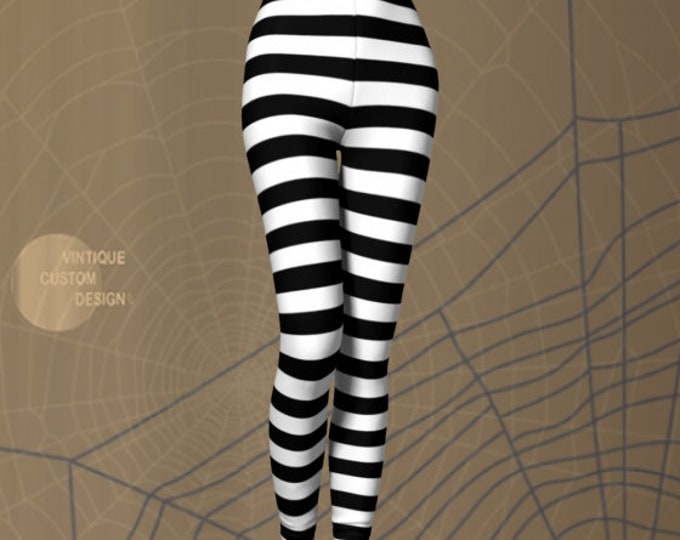 Halloween Leggings Jail Leggings Women's Prisoner Inmate LEGGINGS Halloween Costume Leggings Black White Striped Leggings Cosplay Leggings