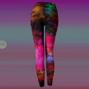 May include: Colorful leggings with a tie-dye pattern in shades of pink, purple, blue, and orange.
