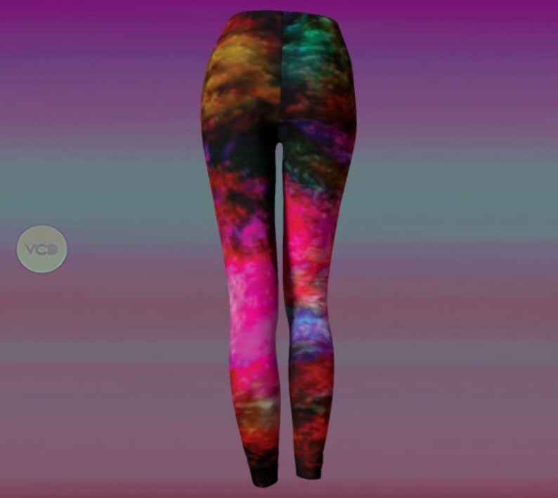 May include: Colorful leggings with a tie-dye pattern in shades of pink, purple, blue, and orange.