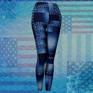 Denim Leggings - Women&#39;s LEGGINGS - Patchwork-  Faux JEAN Printed Leggings - Womens Fall Yoga Leggings - Sexy Yoga Pants -  Jean Leggings