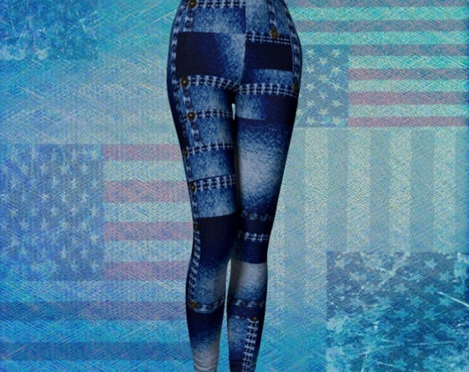 Denim Leggings - Women's LEGGINGS - Patchwork-  Faux JEAN Printed Leggings - Womens Fall Yoga Leggings - Sexy Yoga Pants -  Jean Leggings